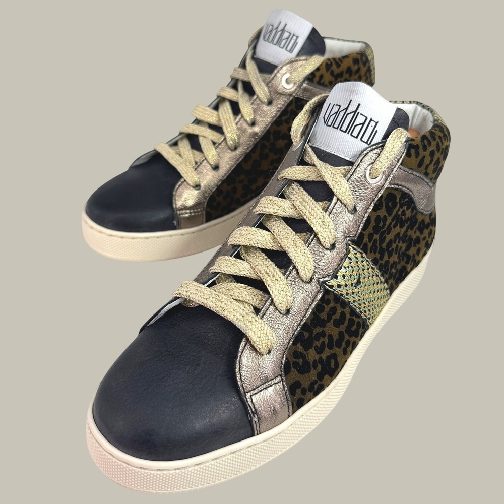 Vaddia High Top Sneakers Women 37 Black Leopard 6.5 Calf Hair Metallic Street